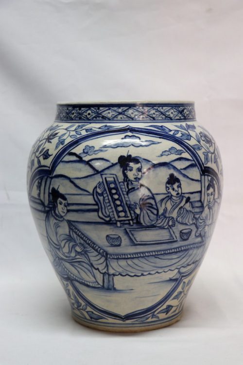 Early Ming Chinese Antique Blue and White Porcelain Jar with Characters